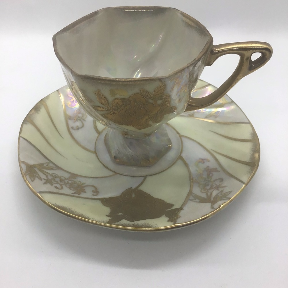 Vintage Ucagco Gilded Iridescent Gold & Yellow Hexagon Demitasse Cup & Saucer